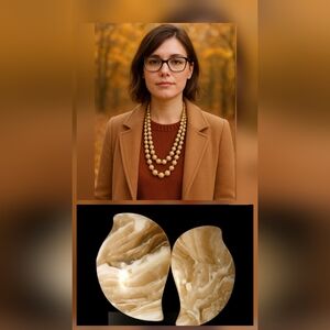 Vintage Set Beaded Beads Layered Necklace & Earrings, Cream & Gold